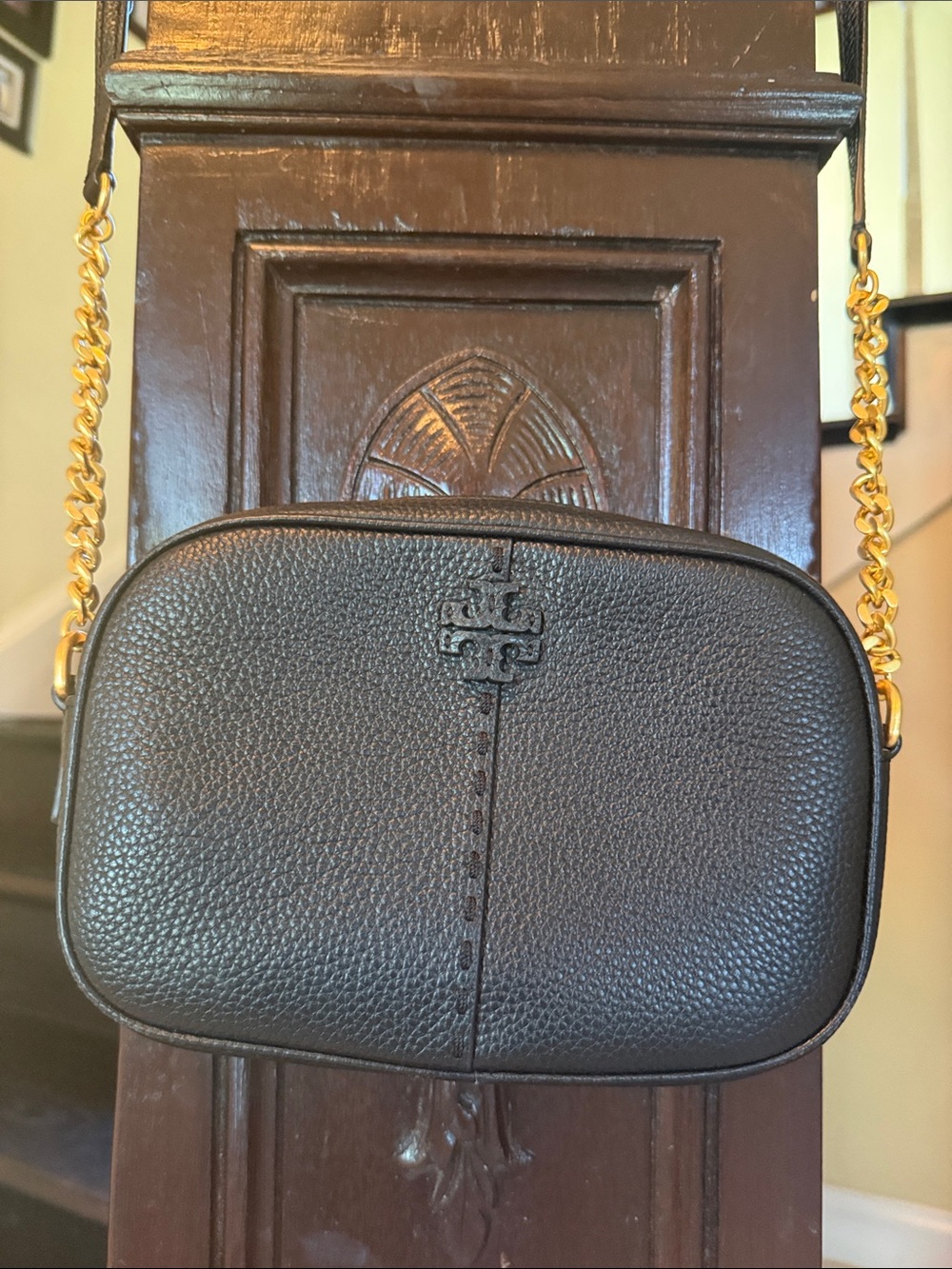 Tory Burch Black Pebbled Leather Crossbody with Gold Chain Strap